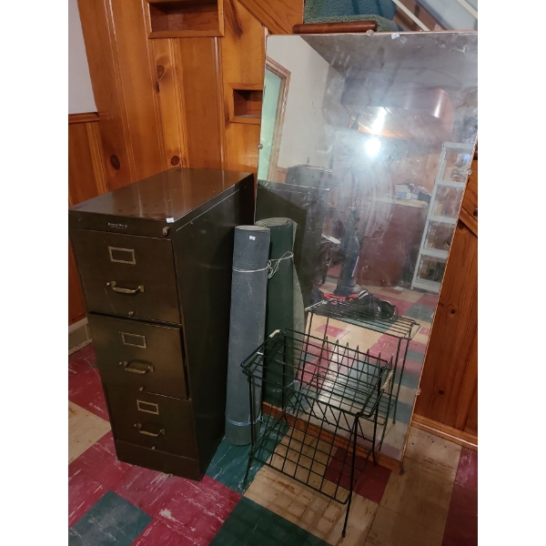 Browne Morse Metal 3 Drawer File Cabinet 42 T, 27 W, 14 L, Includes Mirror 62 X 30 W and Stand