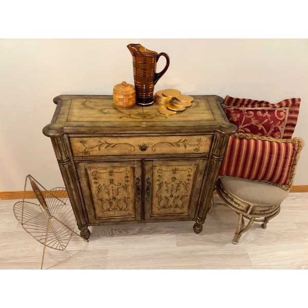 Asian Motif Console Cabinet w/ Retro Magazine Rack & Assorted Home Decor