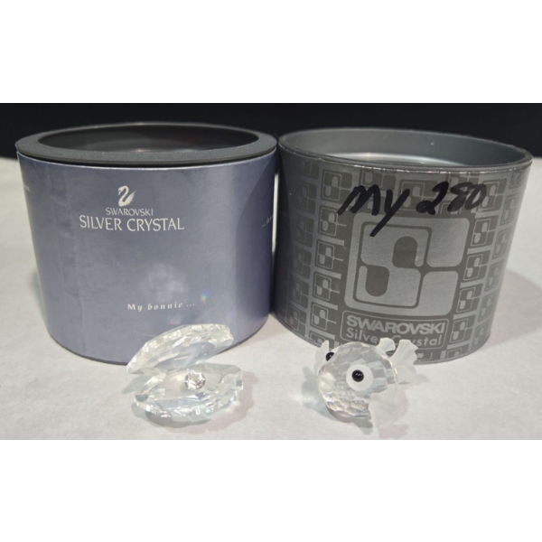 2 Swarovski Crystals 1 Puffer Fish (1.5"L) & Clam (1"T) In Original Boxes