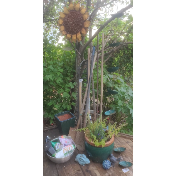 Garden Decor and Tool Lot Including Umbrella Rain Chain and Metal Sunflower