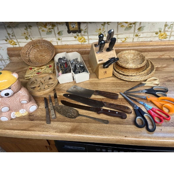 Selection of Knives, Scissors, Cutlery Henckels Knife Block, Cookie Jar, Wicker Paper Plate Holders 