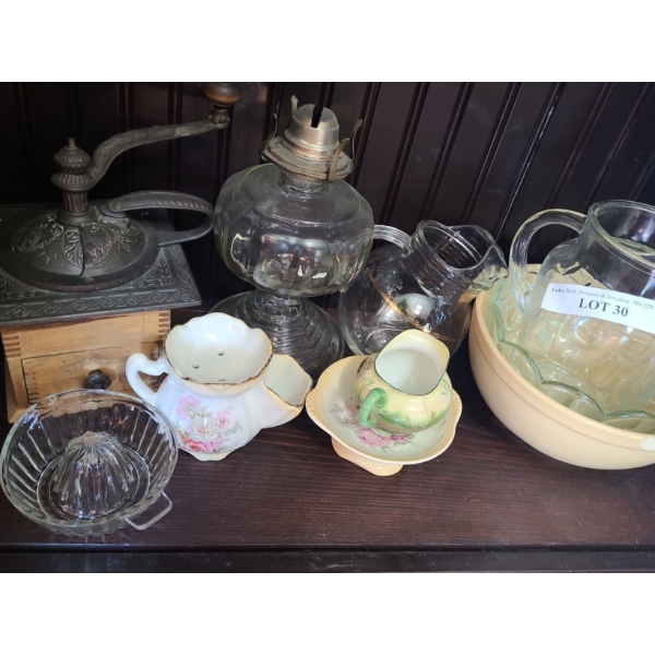 Vintage Grinder, Oil Lmps, Old Foley Shaving Dish, Water Pitcher, Bowls & more