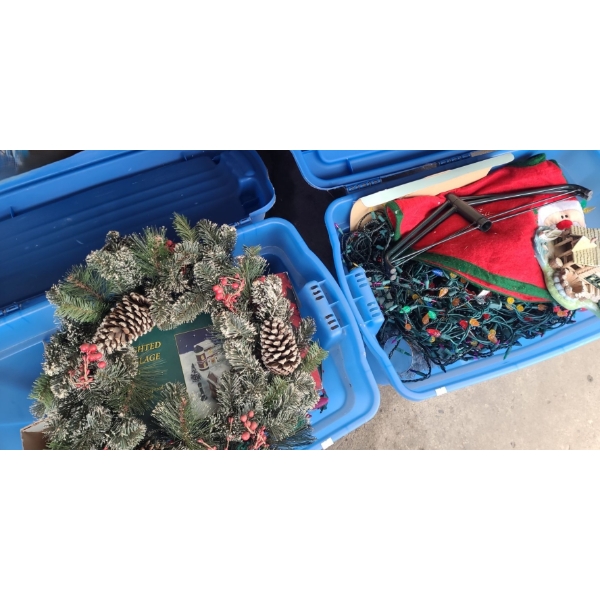 Two Bins of Assorted Holiday Decorations and Lights 
