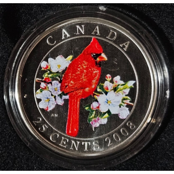 2008 25¢ Birds of Canada: Northern Cardinal - Coloured Coin