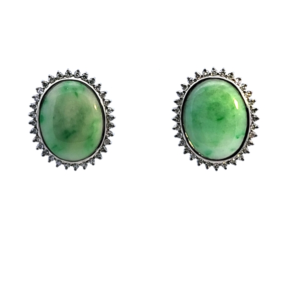 14k White Gold Studs w/ Jadeite Centre Stone and Surrounding Diamonds - Weighs 12.7g 