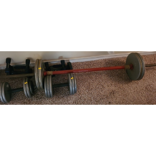 Weightlifting Bar, Dumbell Bars and Weights as Shown (Silver Weights)