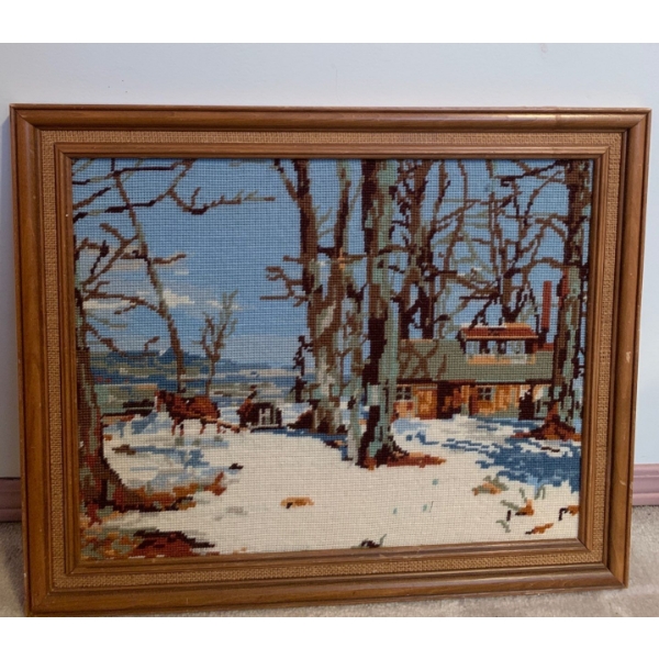 Rustic Embroidered Cabin Landscape Art 22x18