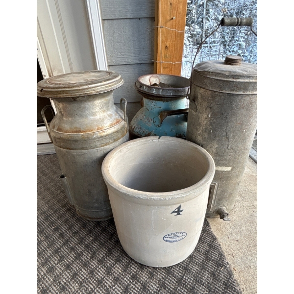 antique milk jugs one short with lid one stainless steel with lid, vintage antique coffee urn and ME