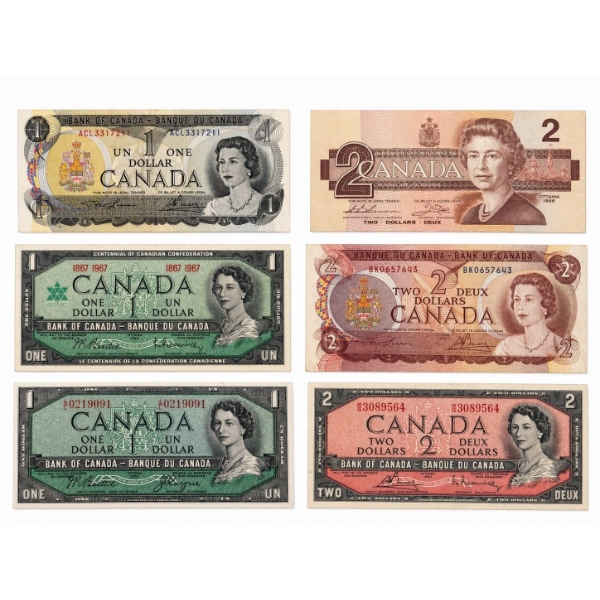 Collection of 1$ & 2$ dollar bills from 1954 to 1986
