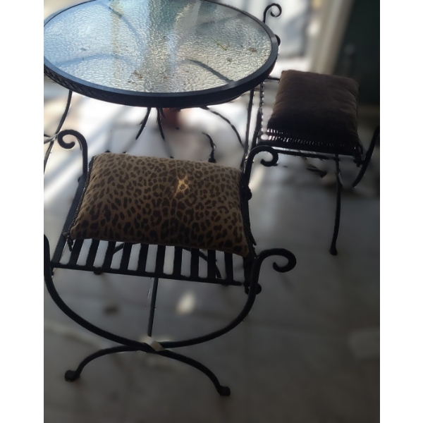 Garden Table 31" Diameter Top, 28 T and Four Metal Benches 23 W, 14 D, 24 T w/ Cushions