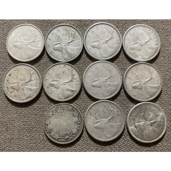 Canadian 25-cent Pieces 80% Silver 64.13 Grams