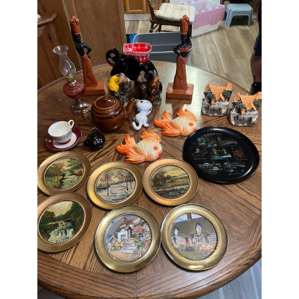 Collection of home decor, items, vintage London, serving tray to African ladies sculptures, and a sm