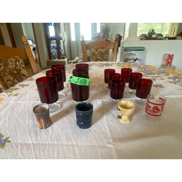 Red Drinking Glasses with Assorted Shot Glasses.