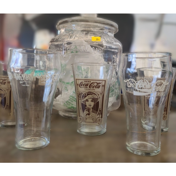 Vintage Pennant Peanut Jar 7" Diameter Top, 11 T and Coca- Cola Drinking Glasses