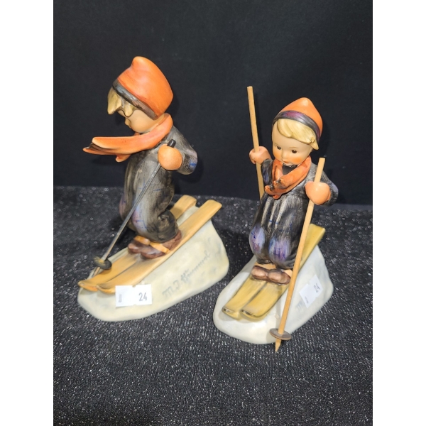Hummel Figurines: Pair of Skiers 4 W, 2.5 D, 6 T (Broken Hand) and 3.5 W, 2.5 D, 5.5 T 