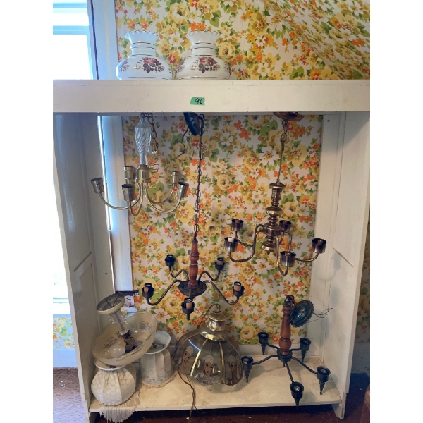 Collection of Chandeliers, Hanging Light Fixtures, and Painted Glass Lamp Shades