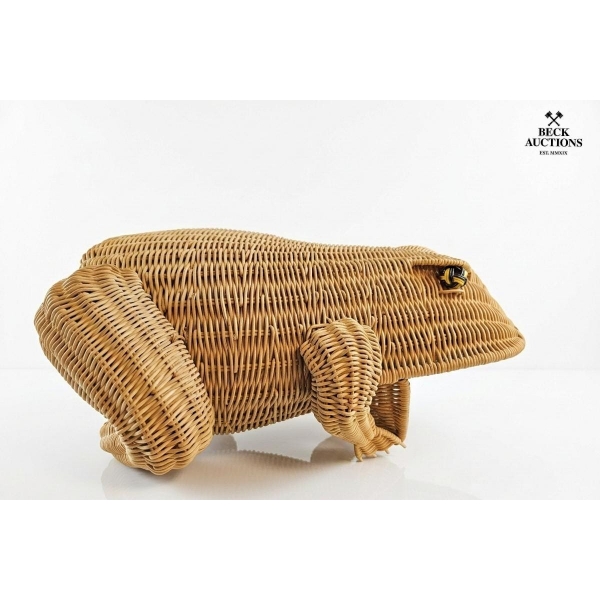 Vintage Rattan Frog Basket, Storage Accent For Magazines Blankets 19''H*18''W*10''INCHES Inner Depth