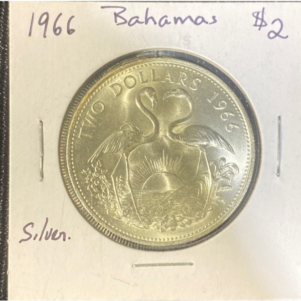 1966 Bahamas 2 Dollar Coin 92.5% Silver 29.8 Grams 