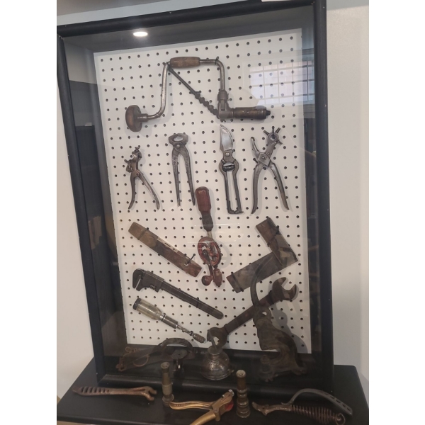 Boxed under Glass Handmade Cabinet w Shelf & Vintage Hand Tools.  Ford Oil Can 30 w 10 d 37 h