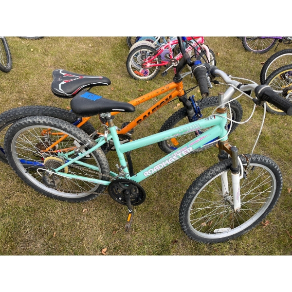 2 mountain bikes, one RALEIGH with front suspension and aluminum tires mint green roadmaster with fr