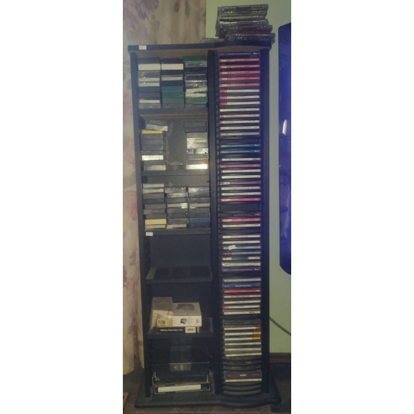 CD Collection w/ Black Wooden Shelving Unit (20W, 10D, 46T) 
