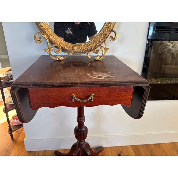 Antique Gold Gilt Mirror 26x16 w/ Mahogany Winged Table & Velvet Piano Stool