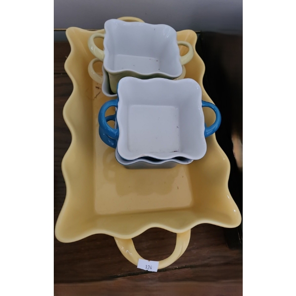 Colorful Serving Platter 8 X 15 and 4 Portioned Serving Bowls