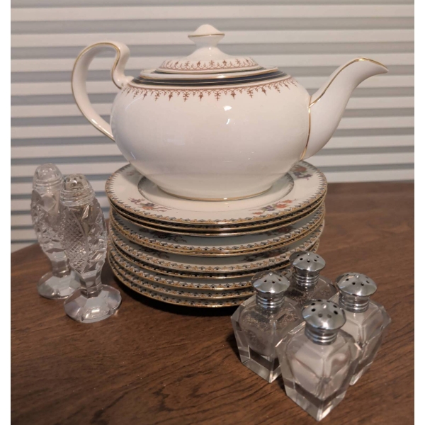 Aynsley Bone China Teapot, Limoges Plates, and Crystal Salt & Pepper Shakers Set