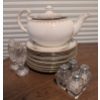 Image 1 : Aynsley Bone China Teapot, Limoges Plates, and Crystal Salt & Pepper Shakers Set