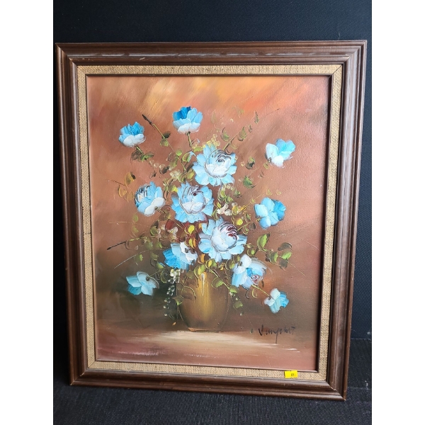 Vase w/ Blue Flowers Painting, Signed: Artist Name Illegible, Framed, 19.5 X 24