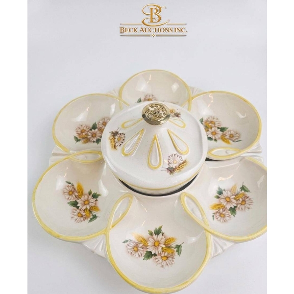 Vintage Ceramic Lazy Susan Server with Floral Design and Wooden Base