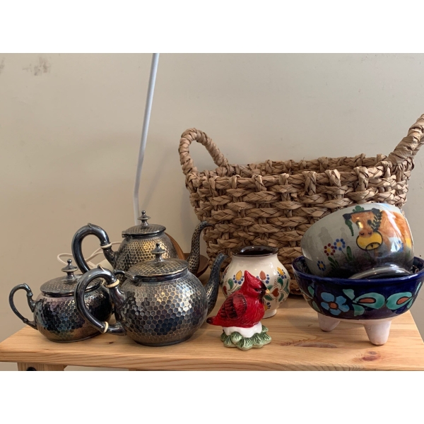 Decor Lot, Lamp, Boho Basket, Tea Set, Bird and Pottery