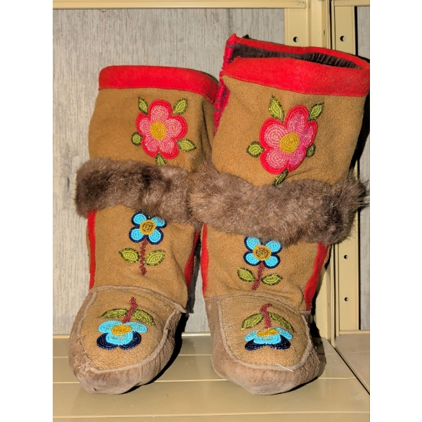 First Nations Traditional Leather Mukluks w/ Floral Bead Work & Fur Trim
