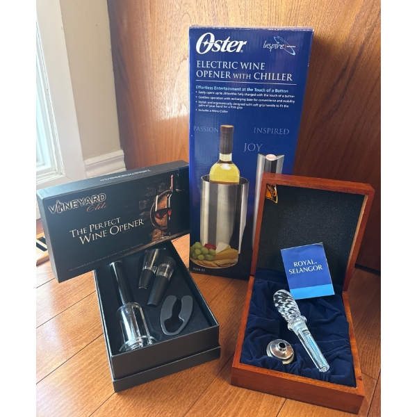 Wine Accessory Set Featuring Oster Electric Opener, Royal Selangor Stopper, and Vineyard Elite Kit