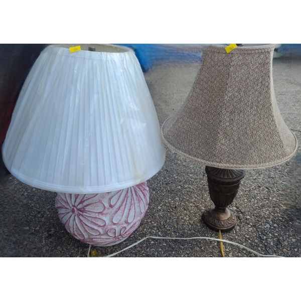 Pair of Lamps: Ceramic w/ Pink Flowers 23 T, Beige Shade 24 T to Top of Finials