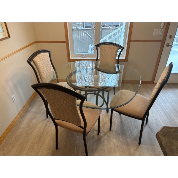 Modern Glass w/ Base Metal Dinette and Four Upholstered Chairs 48'x28'