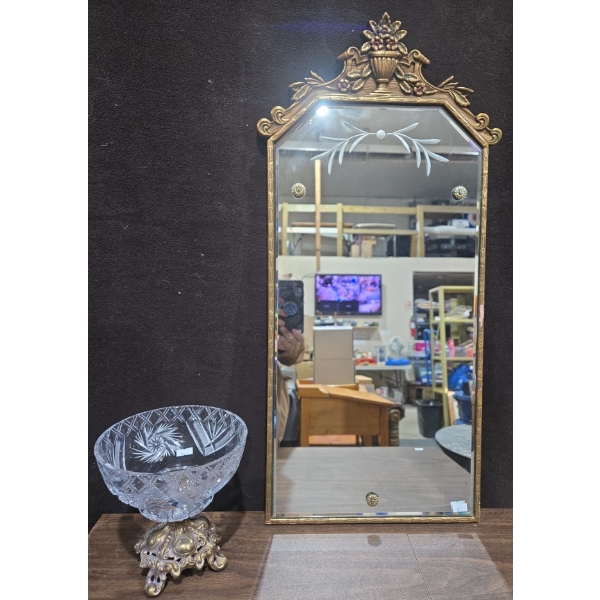 Vintage Etched Mirror (14W, 29T) w/ Lovely Brass Base Crystal Candy Dish 