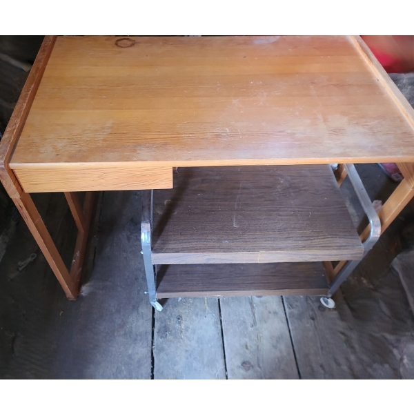 - Wooden Desk w/ Drawer 39.5 W, 23.5 D, 28 T and Metal Utility/ TV Trolley 26 W, 14 D, 19.5 T 