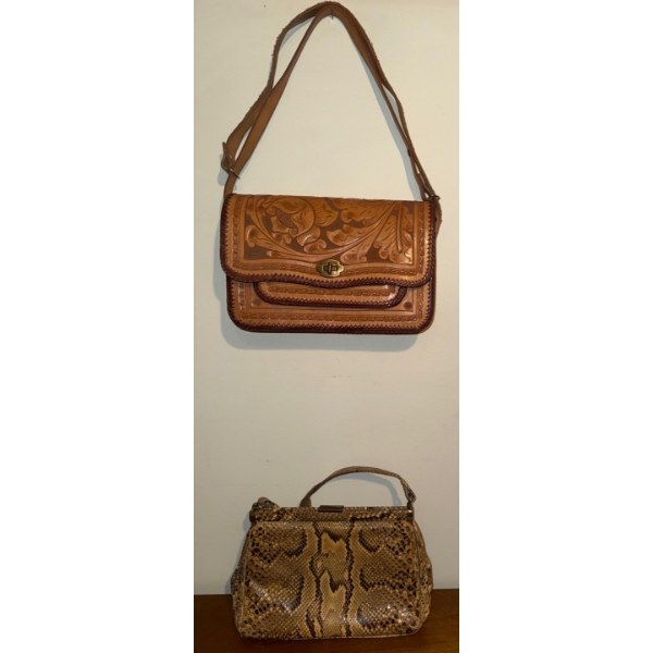 1970s Genuine Python Leather Clutch w/ Hand Tooled Genuine Leather Embossed Handbag