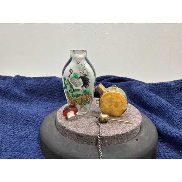 Pair of Hand Painted Glass and Metal Snuff Bottle with Spoon 2.75H & 2H