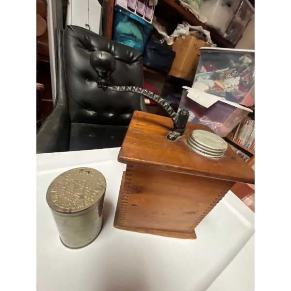  antique coffee, grinder, and vintage tin