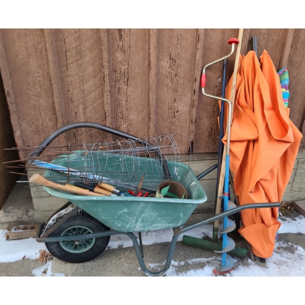 Wheelbarrow with Hand Gardening Tools, Ice Auger, Hand Saw, Patio Umbrellas and More!