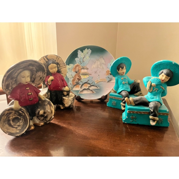 Two sets of ceramic Asian style sculptures and small plate