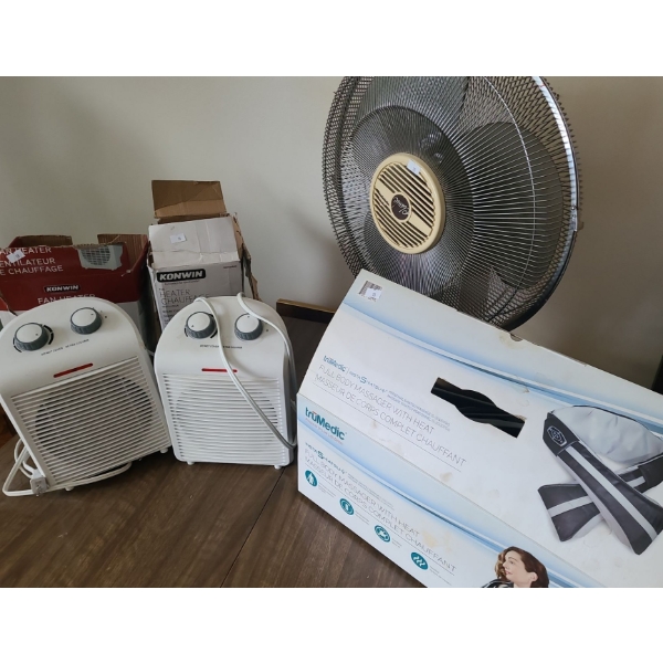 Tru Medic Massager with Heat, 2 Conwin Small Heaters (One Listed as Model FAH 18), Table Fan 