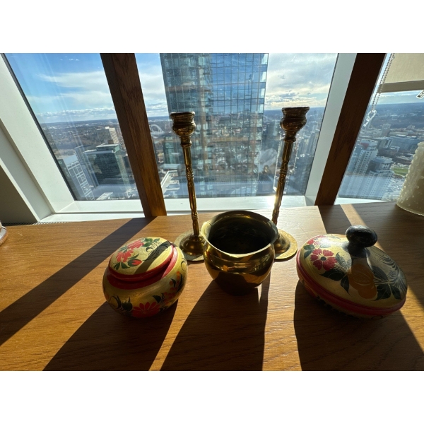 Brass Candlesticks, Brass Pot and Trinket Dishes