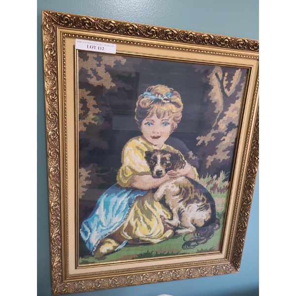 Ornate Framed under Glass Needlepoint of Blue Eyed Girl w Puppy Picture 25 1/2 x 31 1/2 h