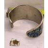 Image 2 : Silver Colored Bangle w/ Lovely Mother of Pearl Stones; Faded Stamp, Piece of Stone Removed 