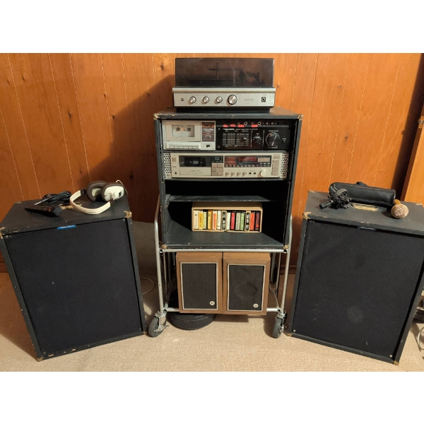 Vintage Realistic Audio System with Amplifier, Speakers, Mixer, Turntable, Mics, and Accessories