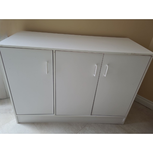 Assorted White MDF Furniture incl Pair of Cabinets 23 w, 33 h, 15 d, Cupboard 48 w, 35 h, 20 d
