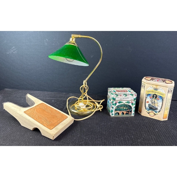 Vintage Lamp, Tins, Cowboy Boot Jack 